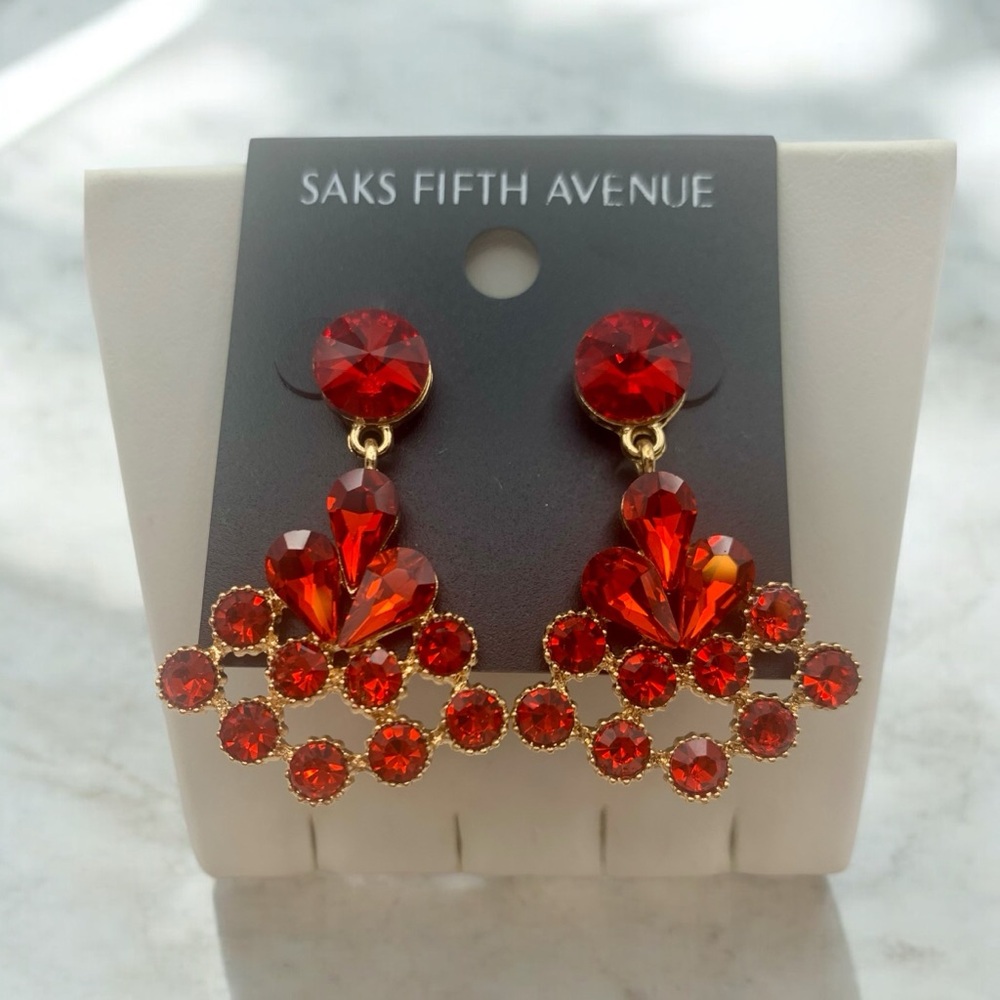 Saks Fifth Avenue Gold Plated & Red Crystal Triangle Costume Jewelry Earrings - Picture 3 of 5